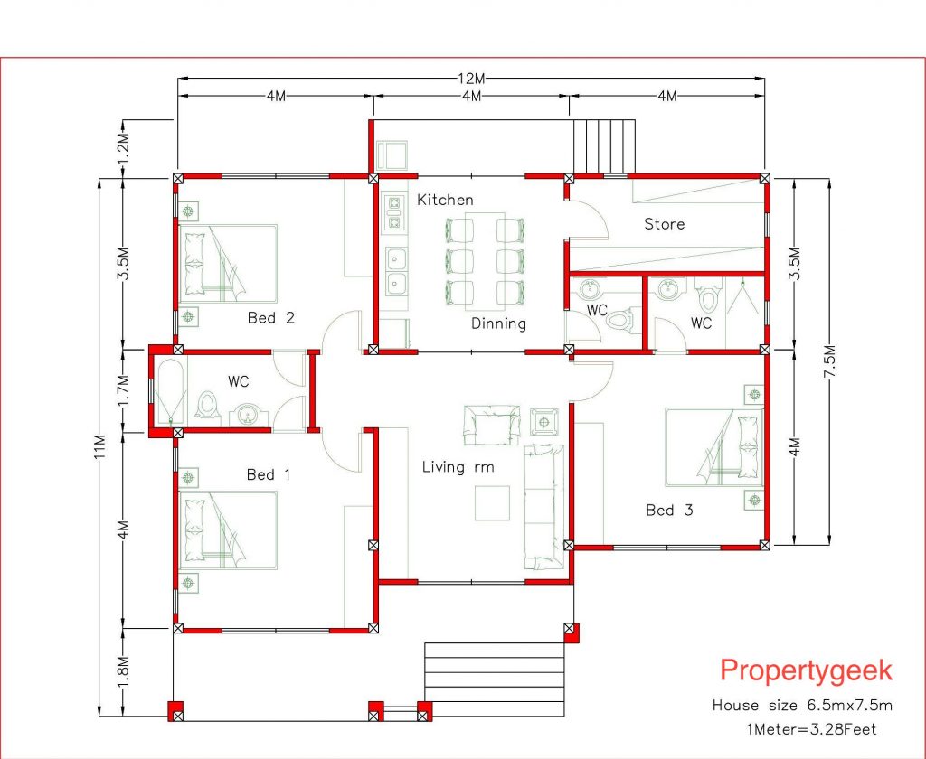 Flat Roof 3 Bedroom Small House Design